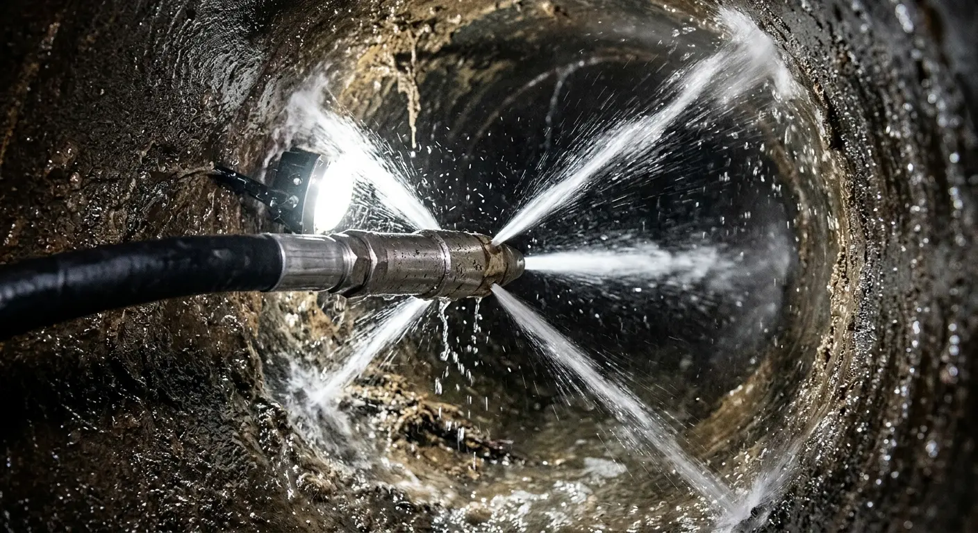 High-pressure hydro jetting nozzle cleaning sewer pipe for Sewer Line Relining in Hilton