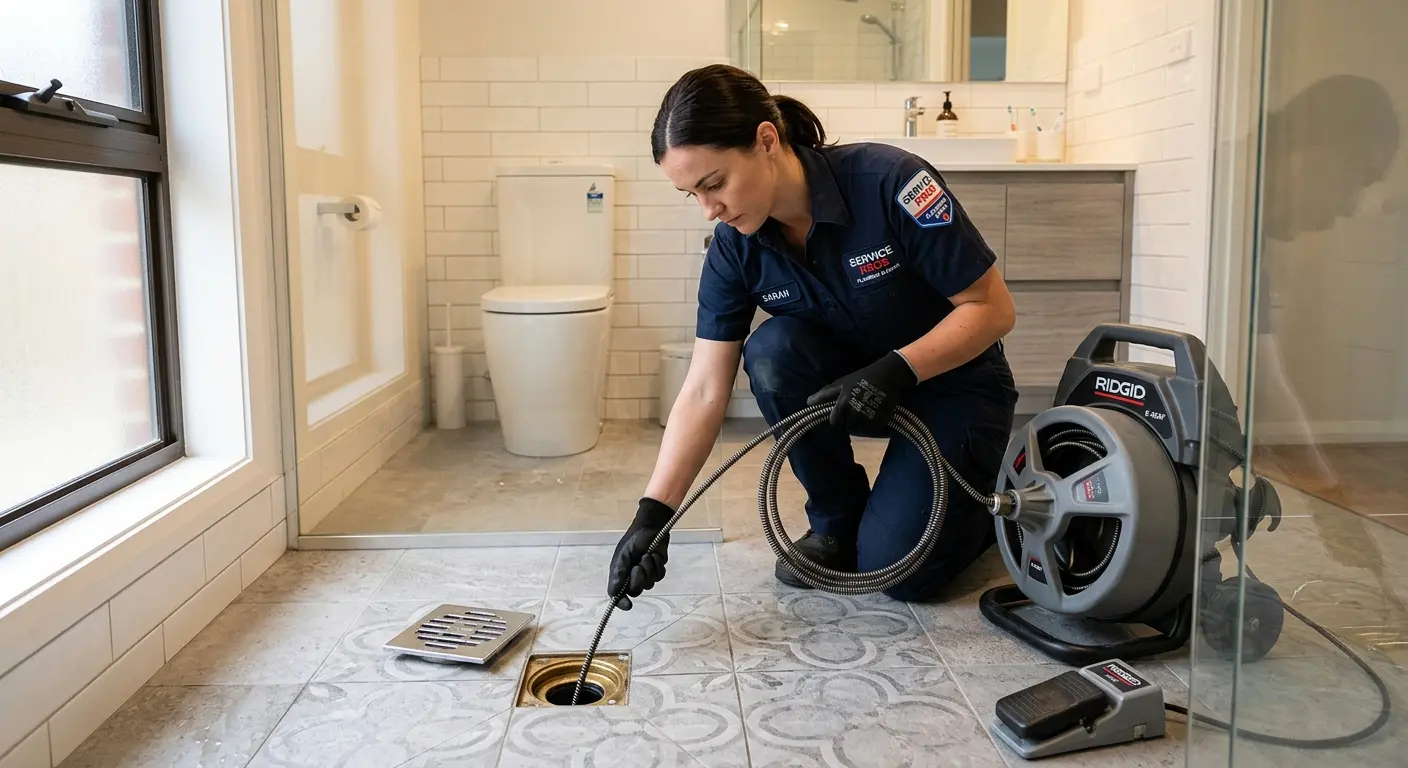 Technician clearing a bathroom floor drain for Drain Repair in Hilton